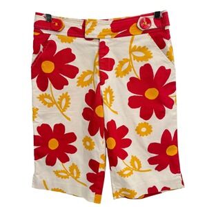 Sara Jane Floral Print Bermuda Shorts Size 4 Retro Mod Cotton Blend Red Yellow